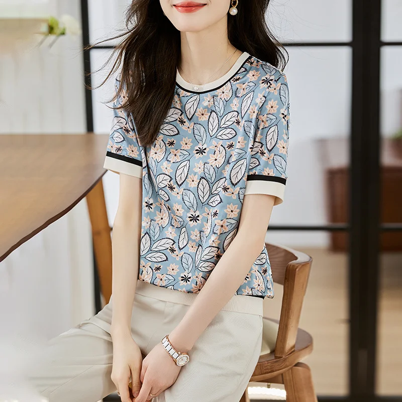 Toloer Toloer Shot Jacket Female Round Collar Short Sleeve 2023 Summer New Show Thin Print Simulation Silk Zou Temperament Half Sleeve T-Shirt-Outfit Ideas