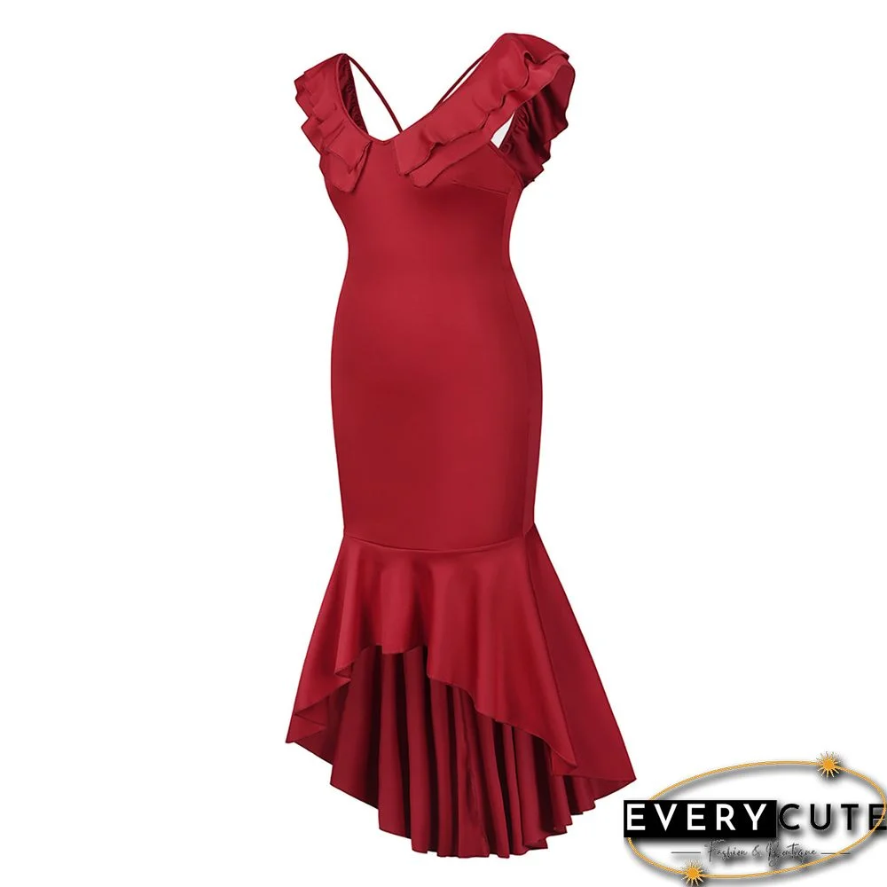 Red Mermaid Hem Ruffle Sleeveless High Low Evening Dress