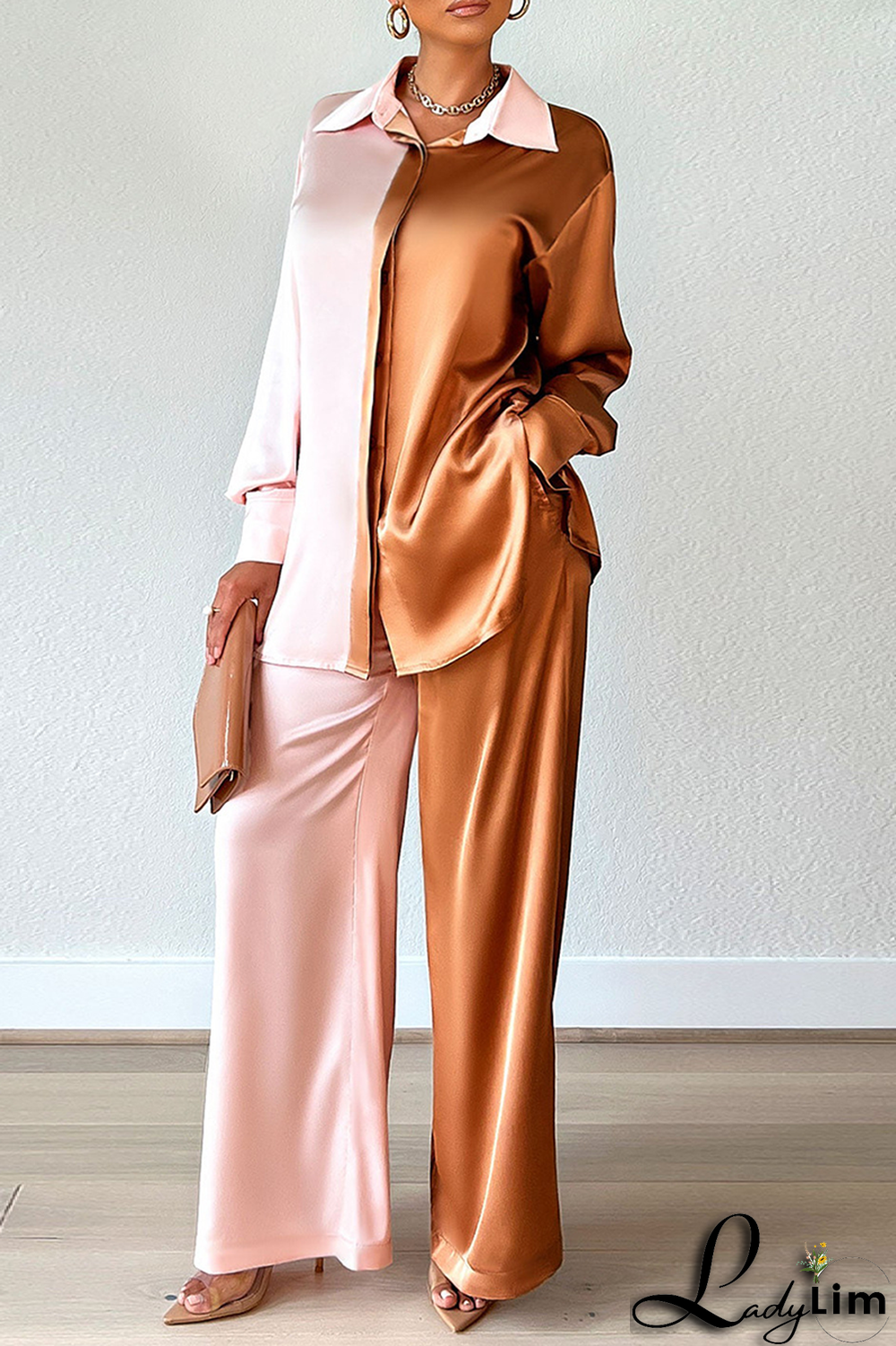 Coffee Fashion Solid Patchwork Turndown Collar Long Sleeve Two Pieces