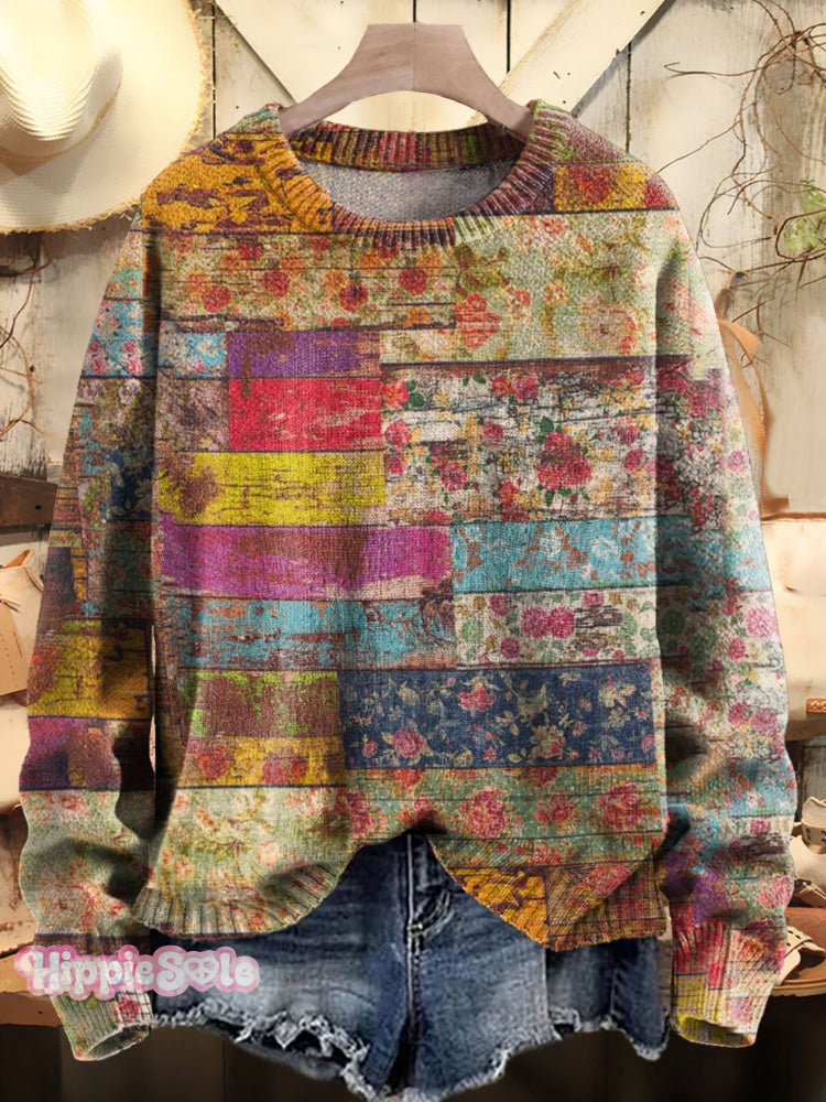 Women’s Vintage Floral Patchwork Pattern Art Print Knitted Pullover Sweater Multicolor / S