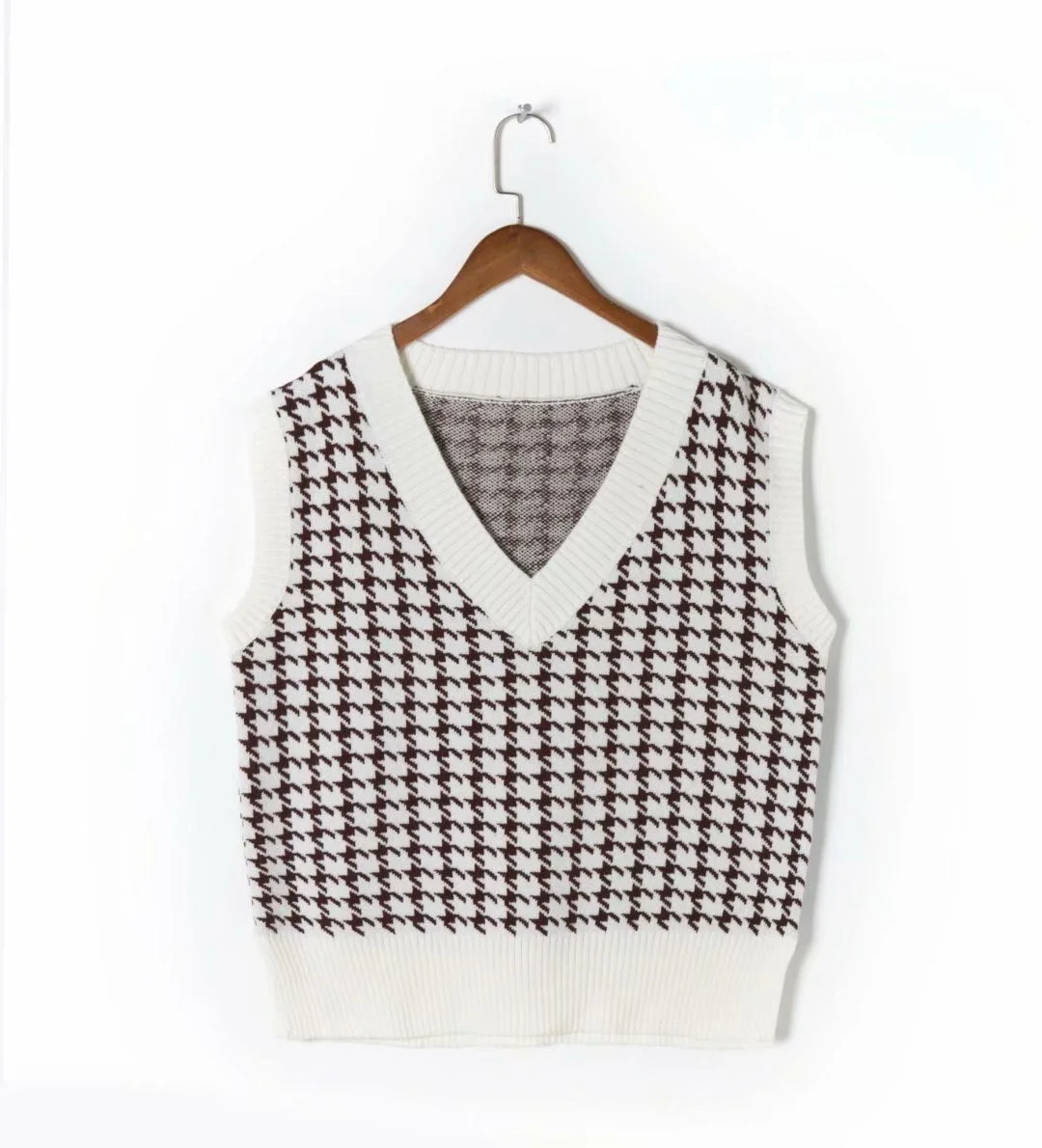 Oversized Houndstooth Knitted Vest Sweater Women Vintage Sleeveless Female Waistcoat Loose Chic Tops