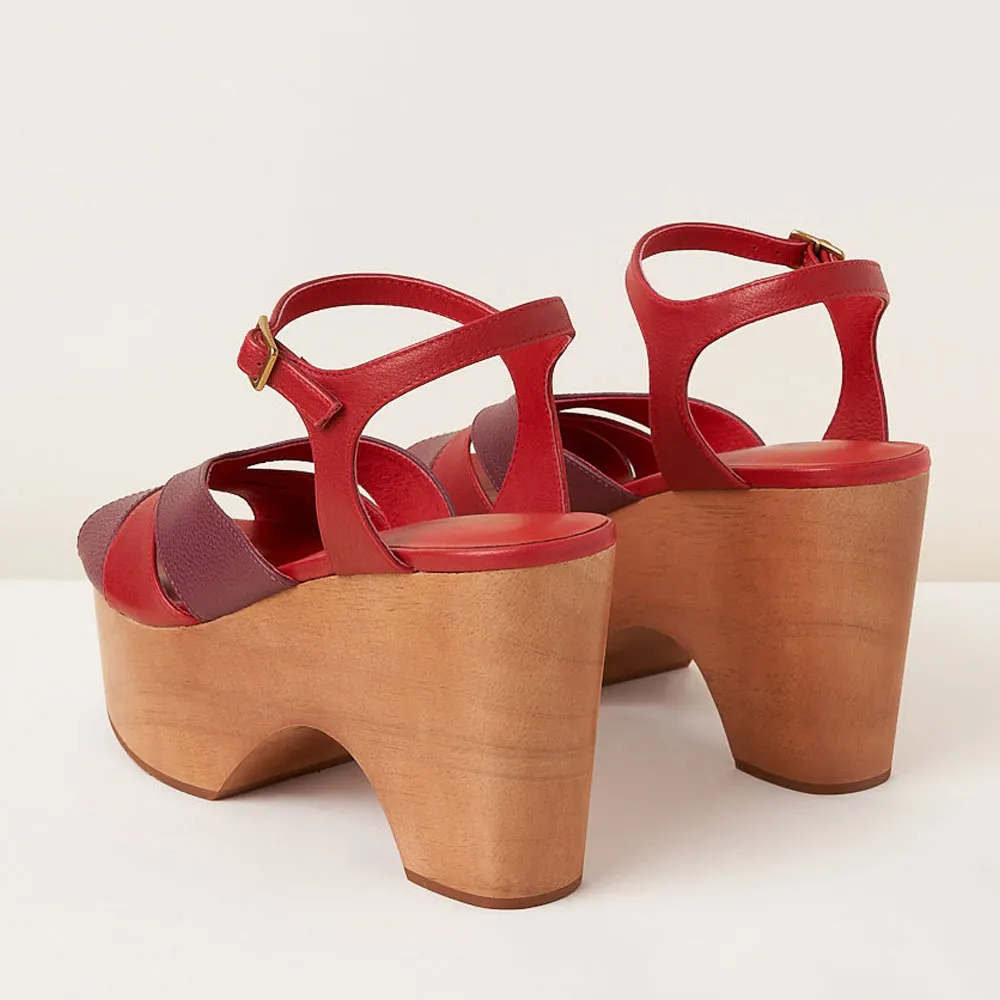 Red & Burgundy Peep Toe Ankle Strap Platform Sandals for Women