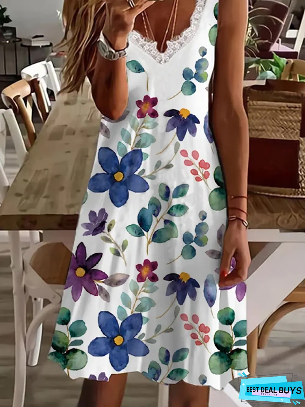 Floral Casual V neck Sleeveless Knit Dress