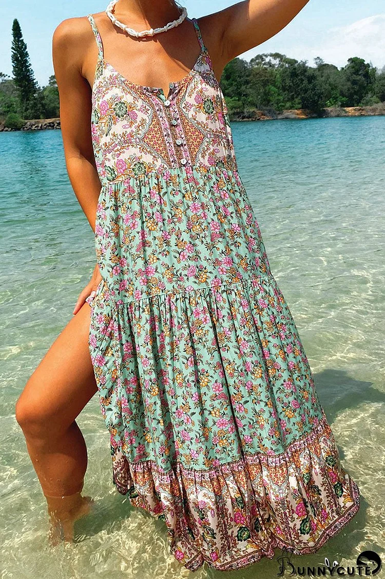 Fashion Casual Print Split Joint Spaghetti Strap Pleated Dresses