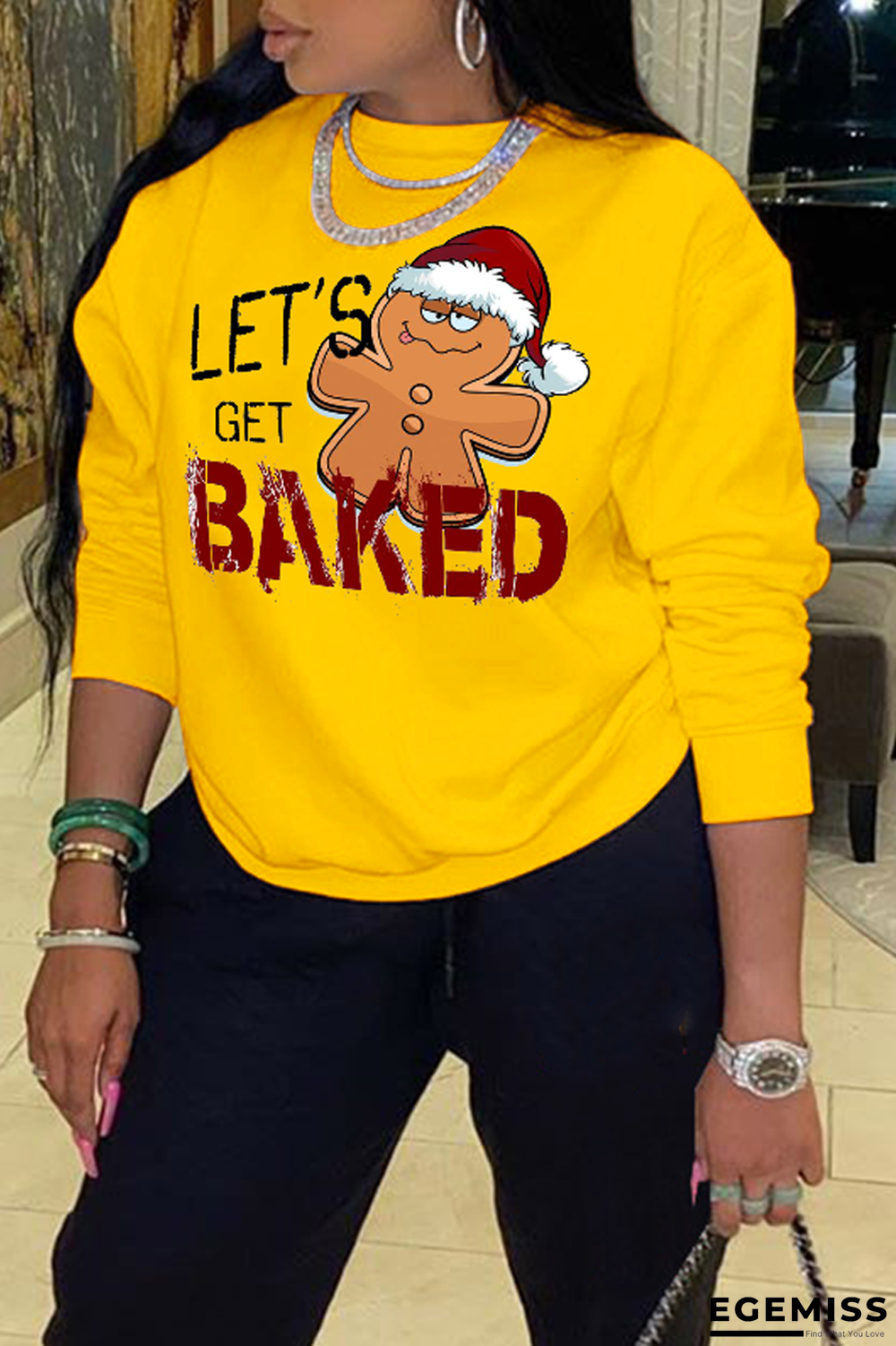 Yellow Sweet Daily Print Patchwork Letter O Neck Tops | EGEMISS