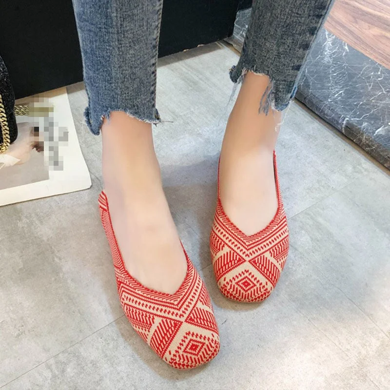 2020 Plus Size Spring New Ballet Flats Women Square Toe Knit Fabric Loafers Breathable Flat Heel Drive Shoes Driving Sneaker