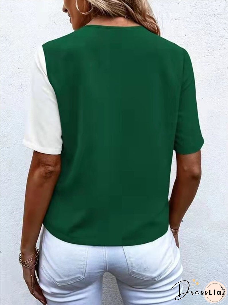 V-neck Chiffon Fashion Contrast Color Short-sleeved Shirt Top