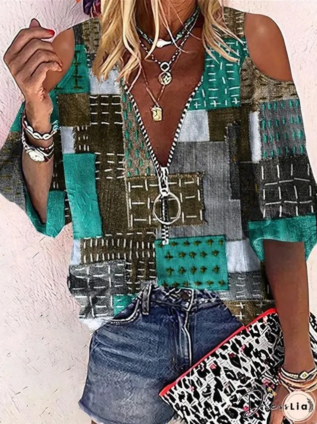 Shirt Blouse Red Blue Green Geometric Cut Out Quarter Zip Long Sleeve Casual Basic V Neck Regular Geometric S for Women