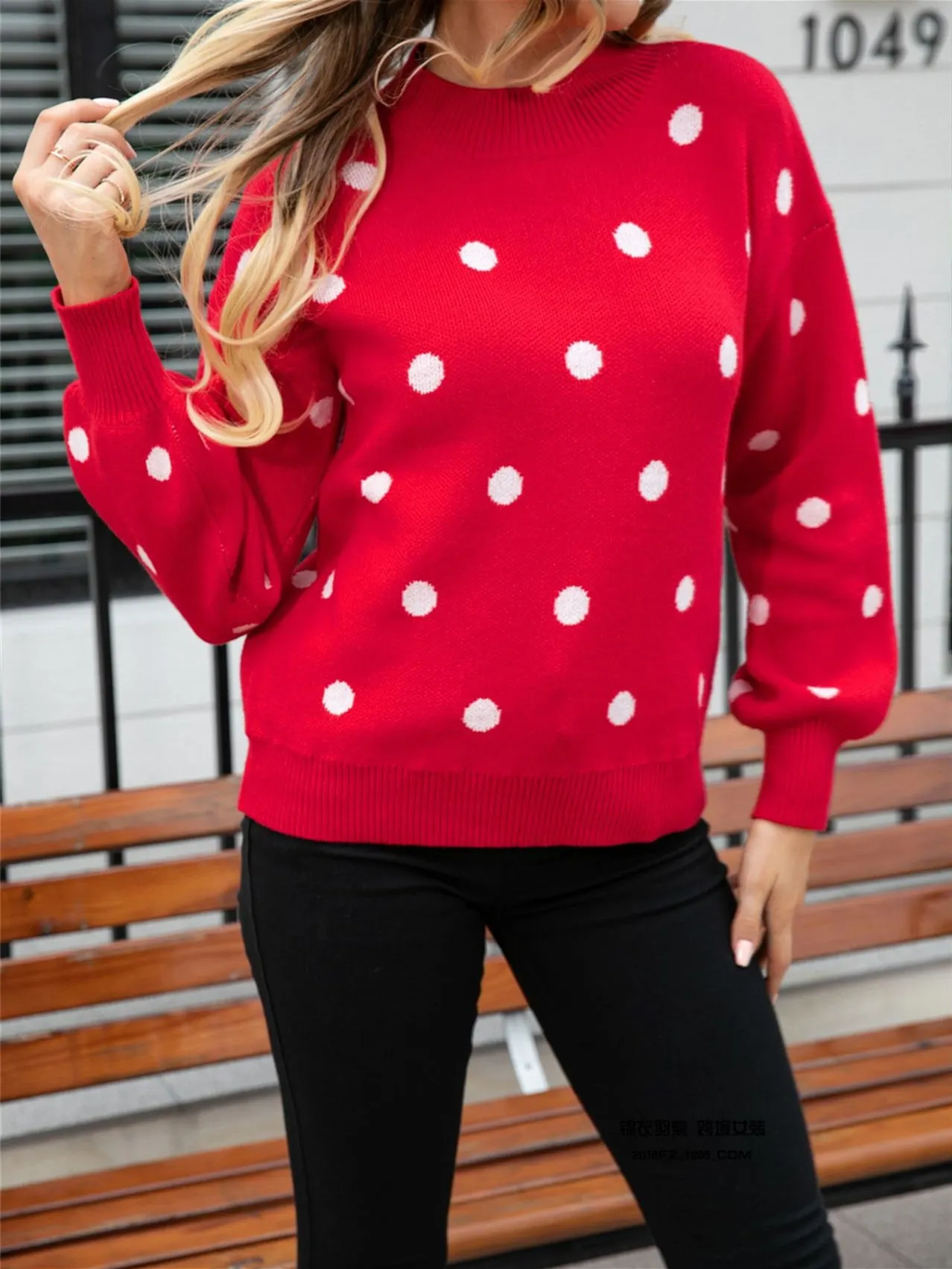 Women's Polka Dot Stitching Solid Color Long Sleeve Scoop Neck Top