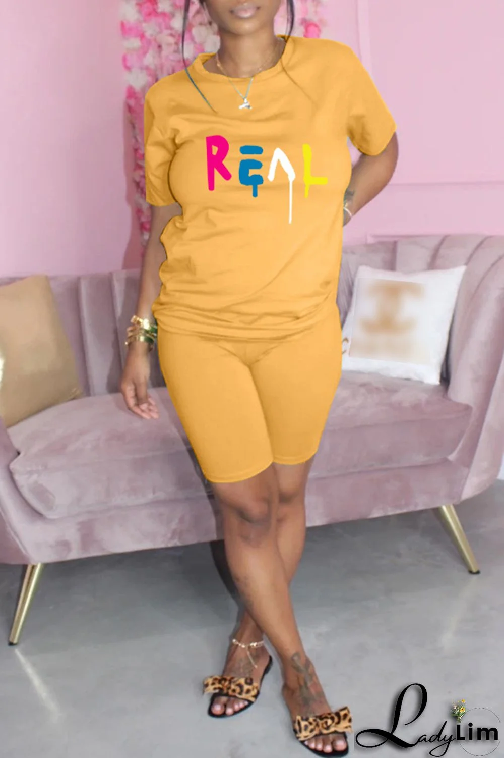 Yellow Fashion Casual Print Basic O Neck Short Sleeve Two Pieces