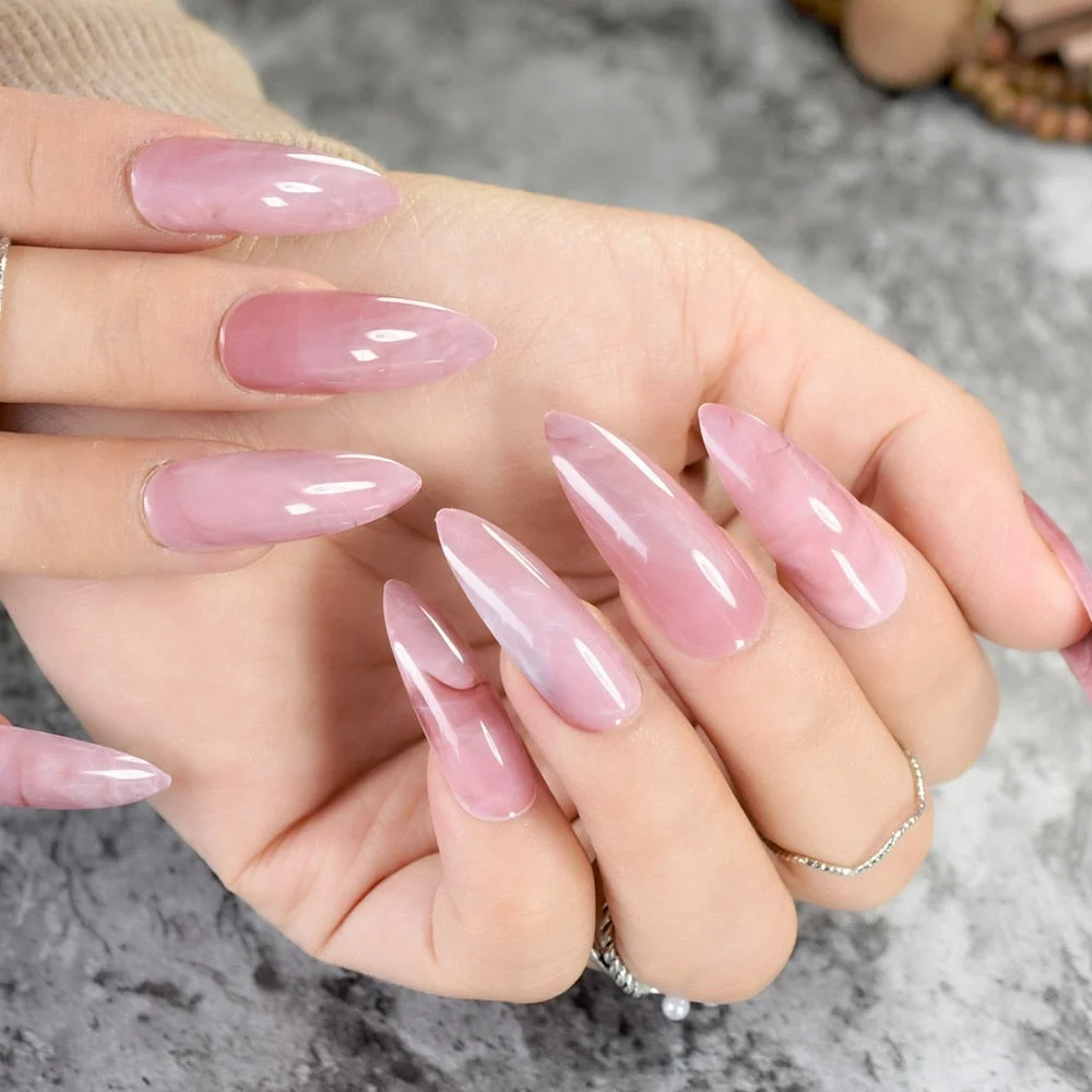 Extra Long STILETTO False Nails Pre-designed Curved Pink Marble Press On Nails including glue sticker-Nail Inspo