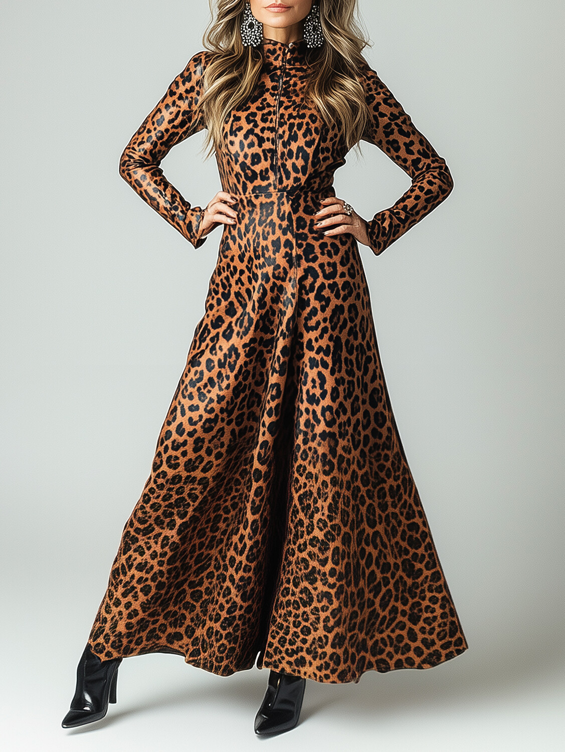 Ursime PU Leather Leopard Mock Neck Long Sleeve Maxi Dress