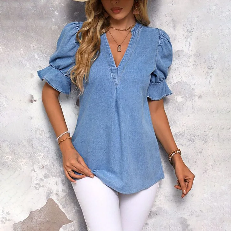 Popular Blue Plain Denim Top