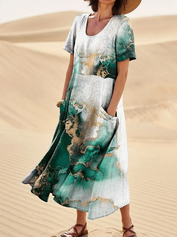 Women's Vintage Marble Texture Linen Pocket Dress