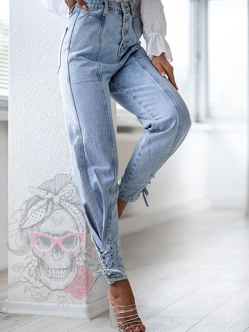 Women's Jeans Simple High Waist Slim Tie Feet Jean