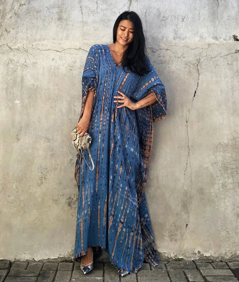 Fitshinling Halo Dyeing Vintage Beach Long Dress Women V Neck Oversize Robe Side Split Loose Kaftan Holiday Boho Maxi Dresses