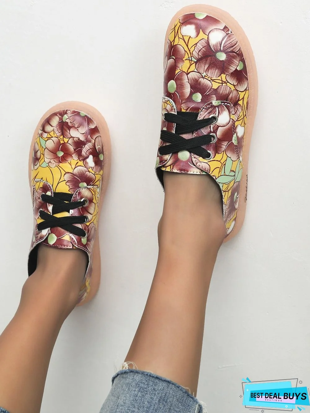 Floral Pattern  Lace-up Front Flat Shoes