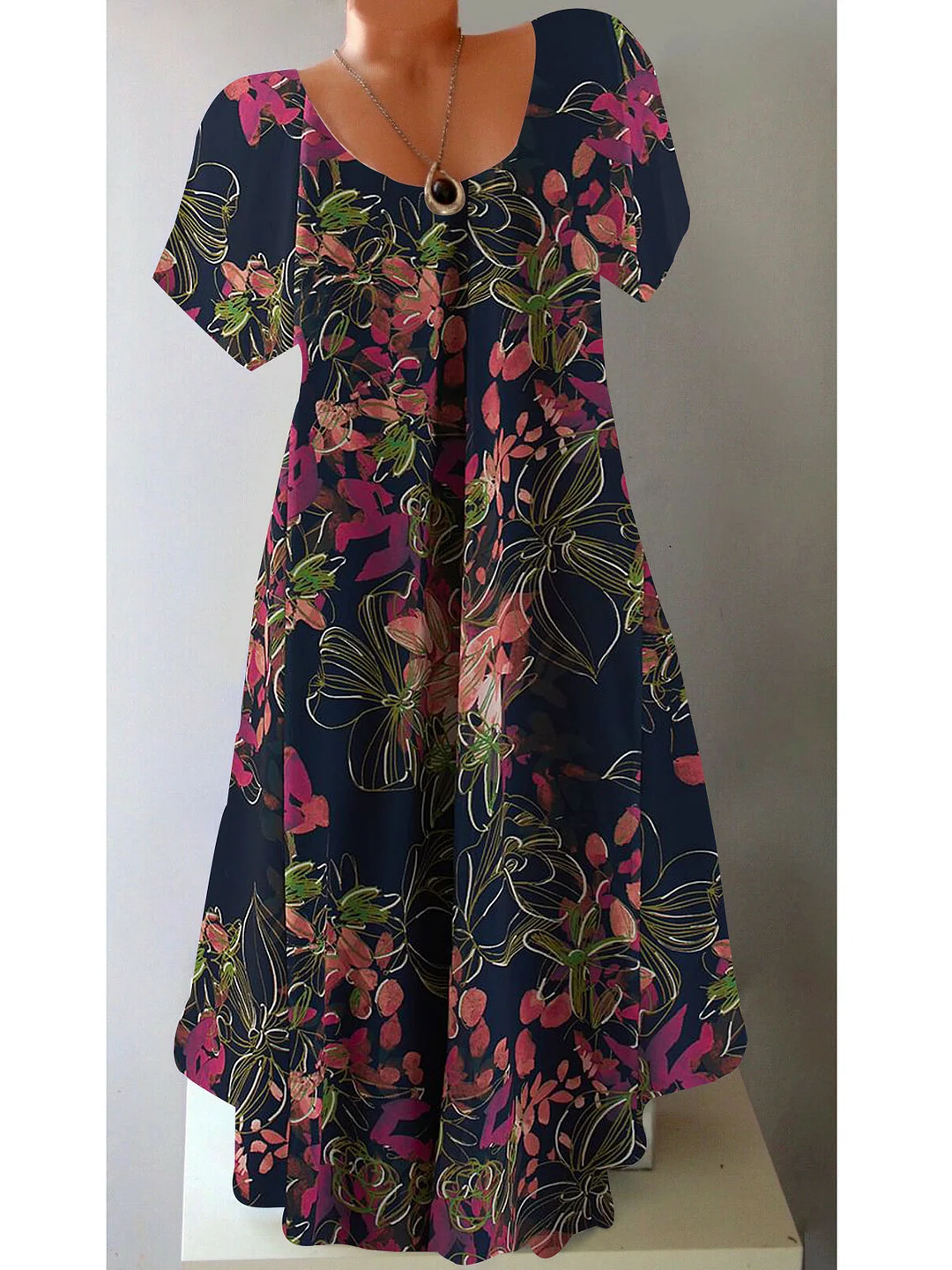Women's Casual Scoop Neck Short Sleeve Floral Printed Midi Dress