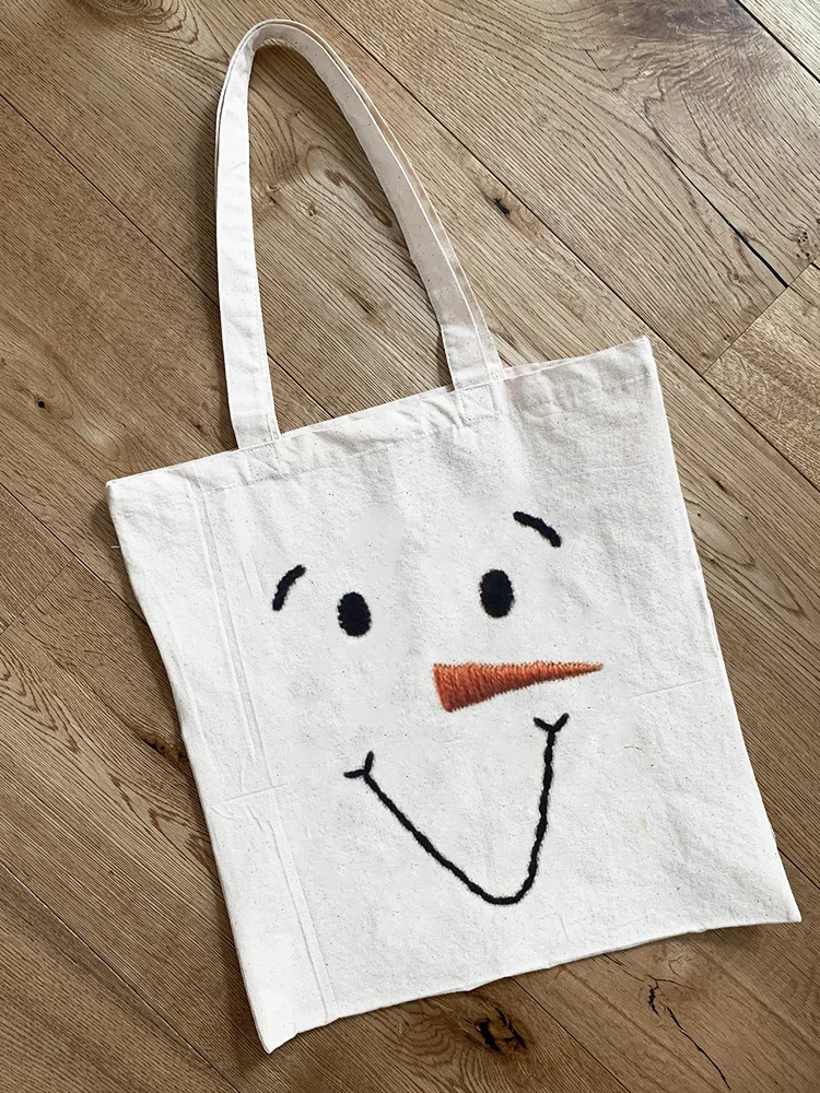 Snowman Face Embroidery Art Tote Bag