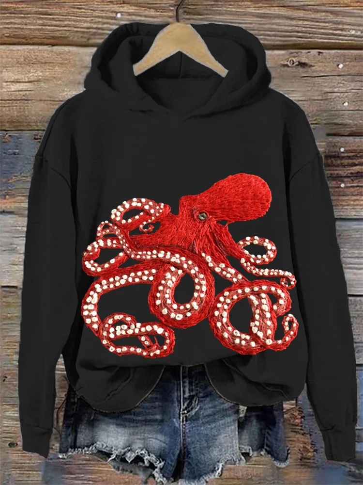 Red Octopus Embroidery Cozy Hooded Sweatshirt