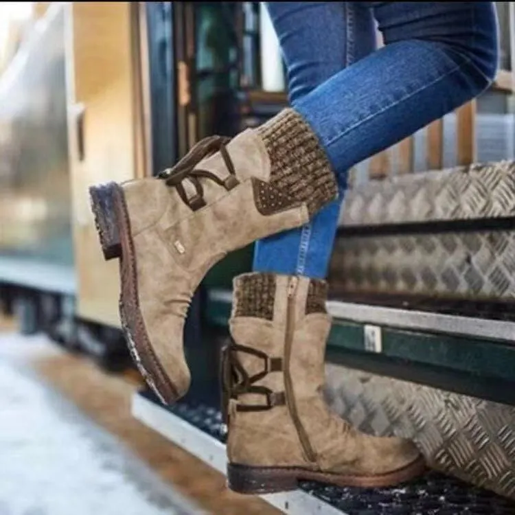 Breakj Breakj Barrel Large Size Martin Boots Autumn And Winter New Square Tied With Wool Women Boots