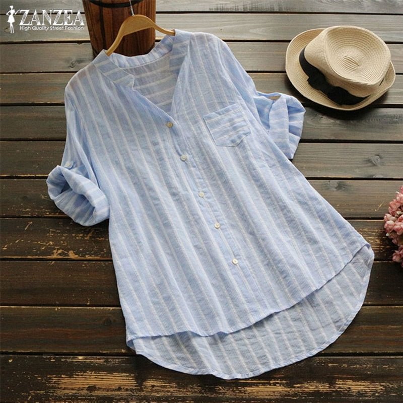 2022 ZANZEA  Striped Tops Womens Cotton Blouse Fashion 3/4 Sleeve Shirts Femlae Button Down Blusas Female V Neck Tunic