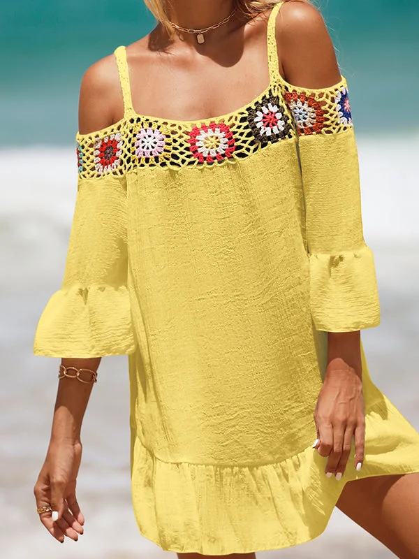 Women's 3/4 Sleeve Cold Shoulder Lace Hollow Printed Beach Mini Style Smock