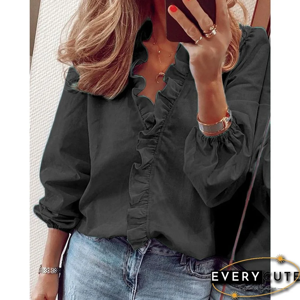 XS-8XL Spring Summer Tops Plus Size Fashion Clothes Women's Casual Long Sleeve Tops Loose T-shirts Deep V-neck Shirts Ladies Flare Tops Solid Color Chiffon Blouses