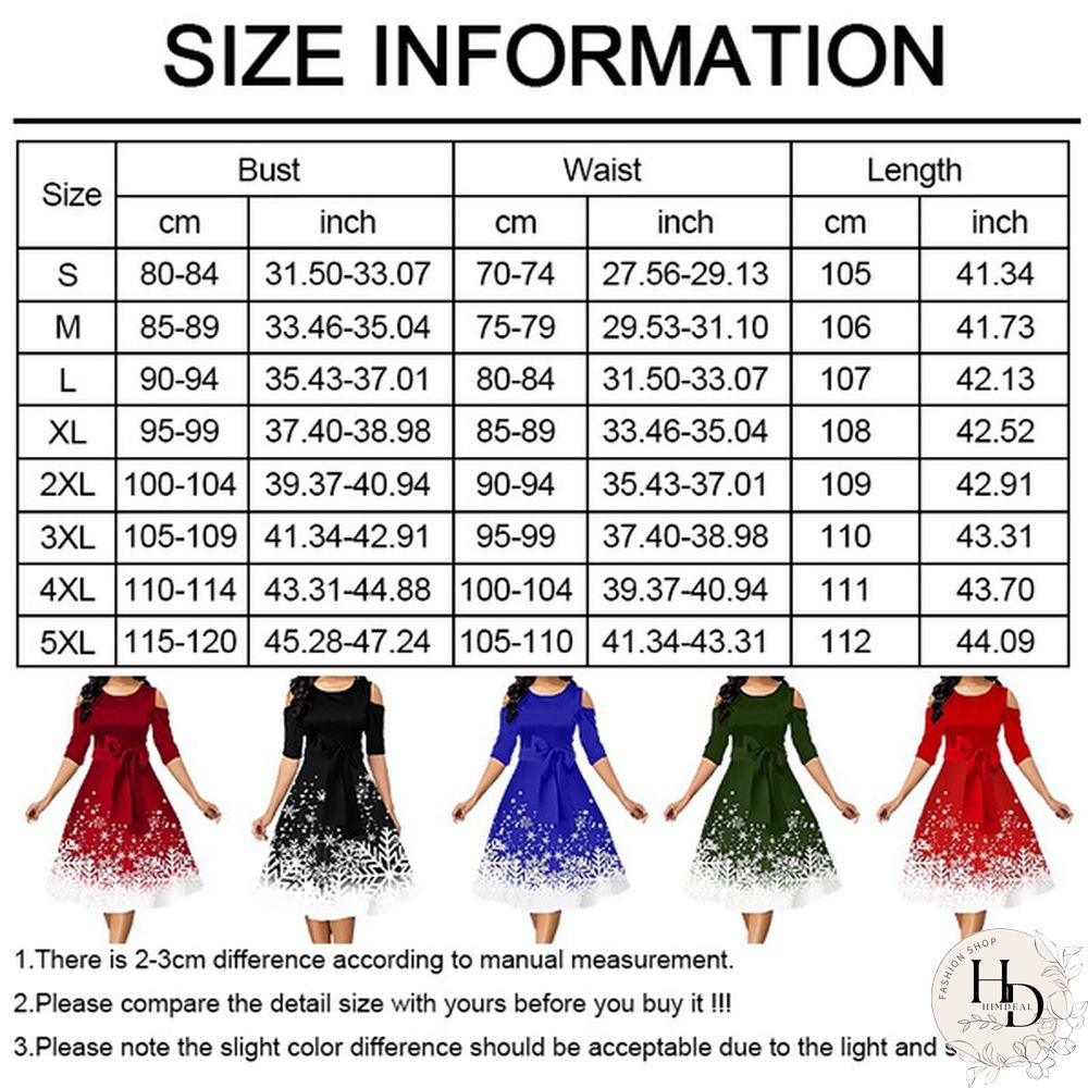 Womens Belted Snowflake Print Cold Shoulder Round-neck Elegant Dress Plus Size Fashion
