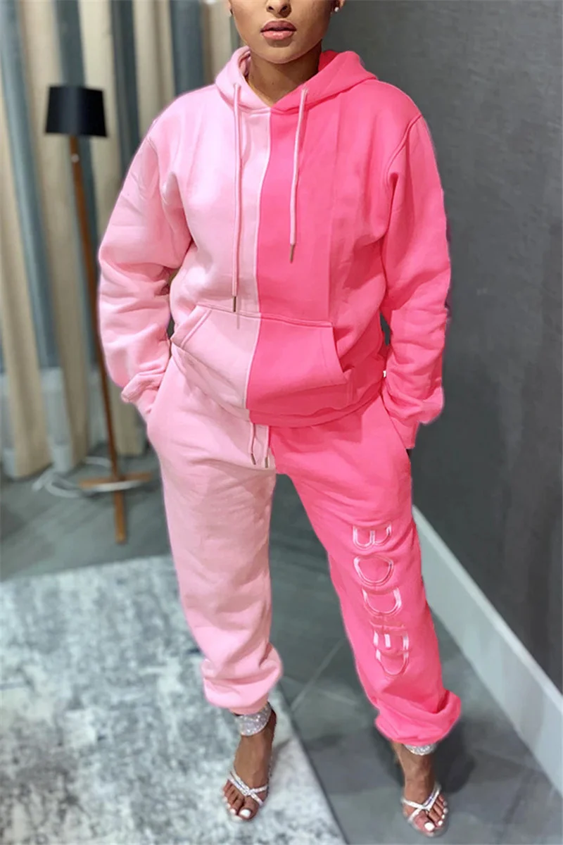 Pink Casual Sportswear Blends Letter Patchwork Print Patchwork Draw String Pocket Hooded Collar Long Sleeve Regular Sleeve Regular Two Pieces | EGEMISS