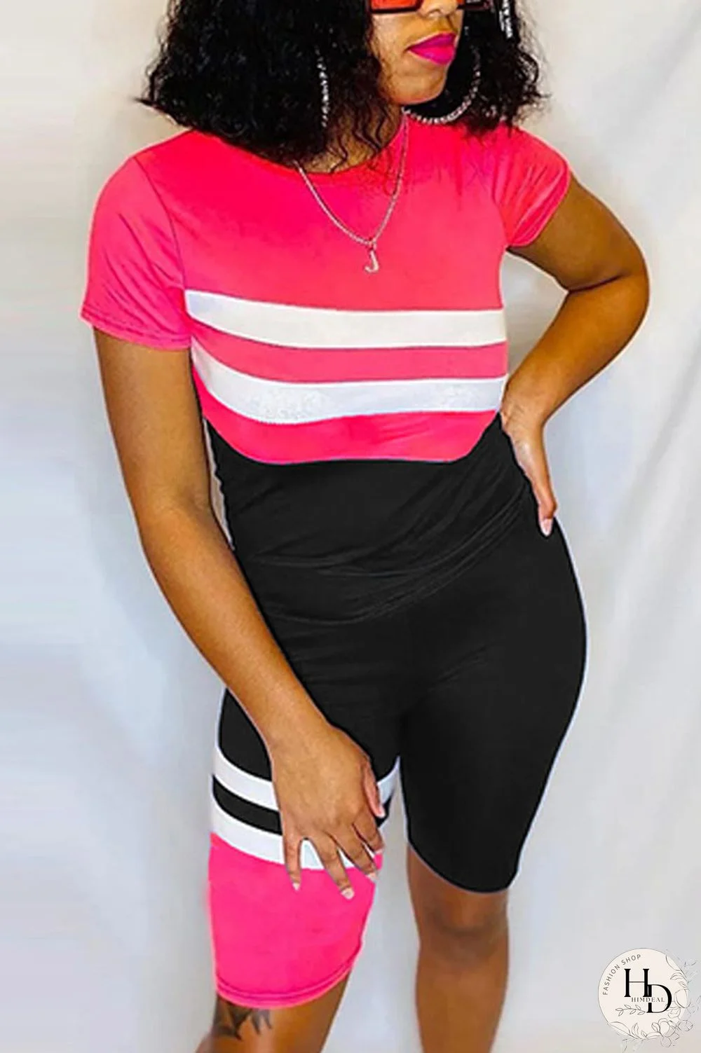 Red Polyester Fashion Casual Patchwork Print Two Piece Suits pencil Short Sleeve Two Pieces