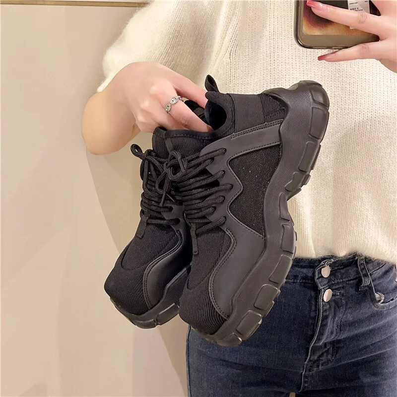 Qengg Lace-up Dad Shoes Women's 2022 Spring Autumn Thin Section Breathable Mesh Thick Bottom Generous Head All-match Sneakers