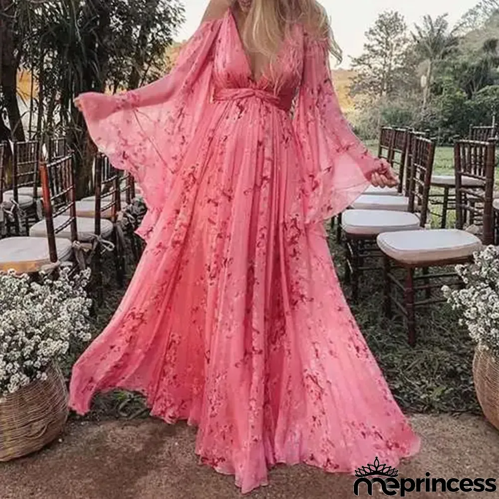 Women Straps Deep V Neck Print Sexy Bat Sleeves Pleated Long Dress Maternity Dress