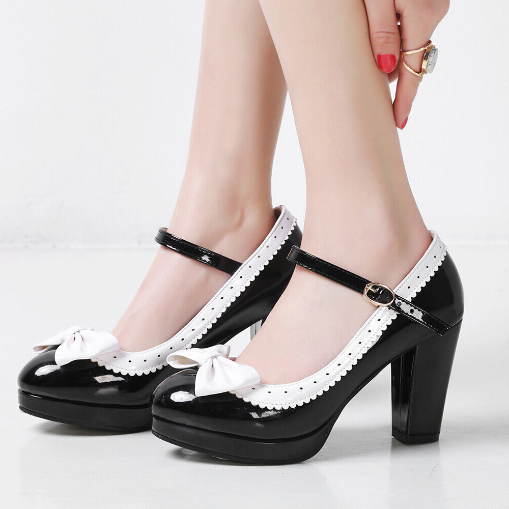 Black & White Round Toe 3'' Chunky Heel Platform Pumps with Bow Nicepairs