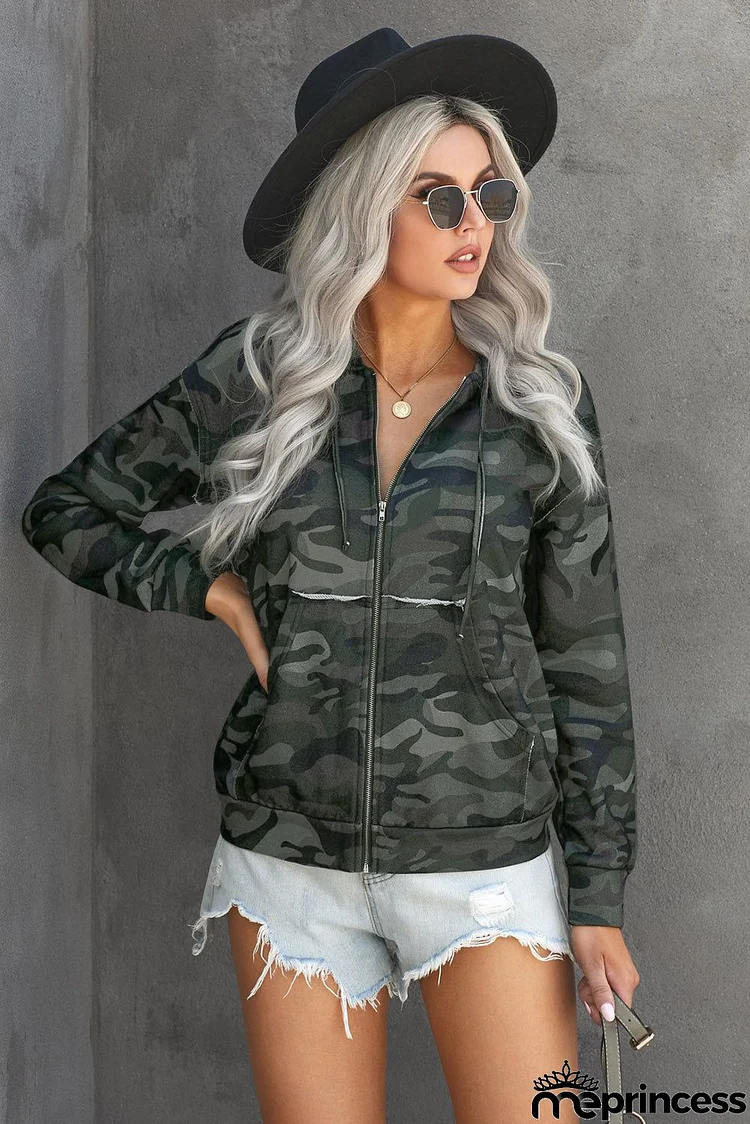 Women Green Camo Print Zip Up Hooded Jacket