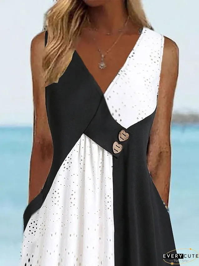 Casual Dress Tank Summer Color Block Lace Ruched Neck Midi Fashion Modern Daily Holiday