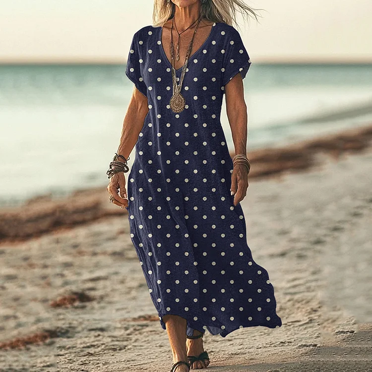 Simpfit Kurzärmliges Midikleid aus Nachahmung aus Nachahmung aus Baumwolle und Leinen mit V-Ausschnitt und Polka Dot-Print