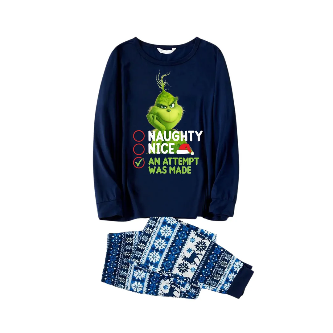 Cute Cartoon Pattern and Slogan Text Printed Blue Christmas Matching Pajamas