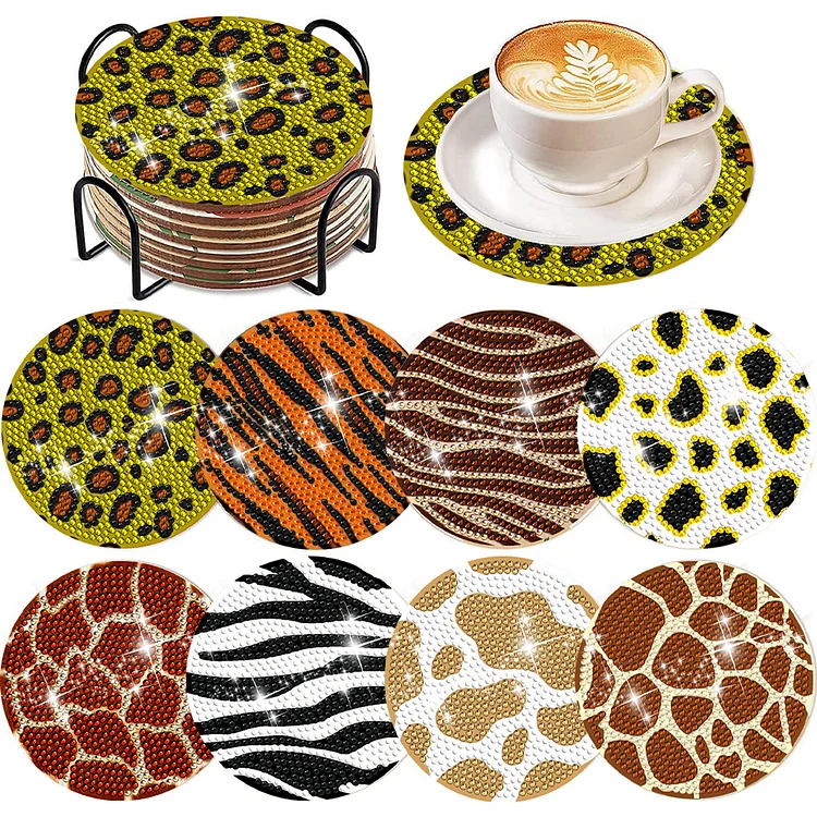 8 Pcs Animal Texture Wooden Biscuit Diamond Painting Art Coaster Kit with Holder