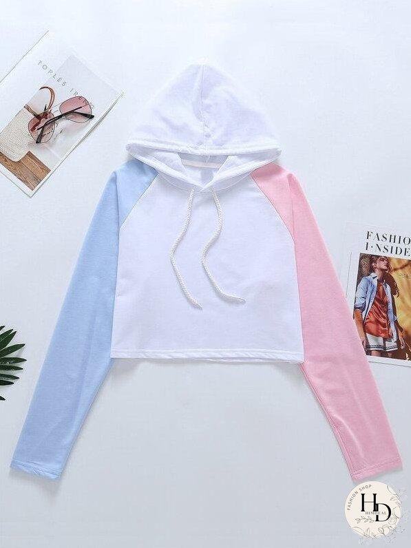 Contrast Raglan Sleeve Drawstring Hoodie for Women
