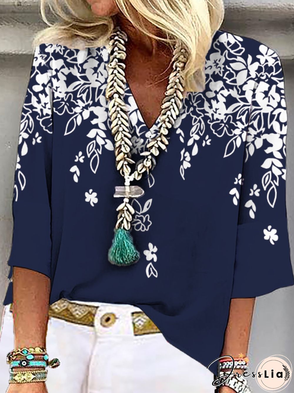 Casual Floral Three Quarter V Neck Plus Size Printed Tops