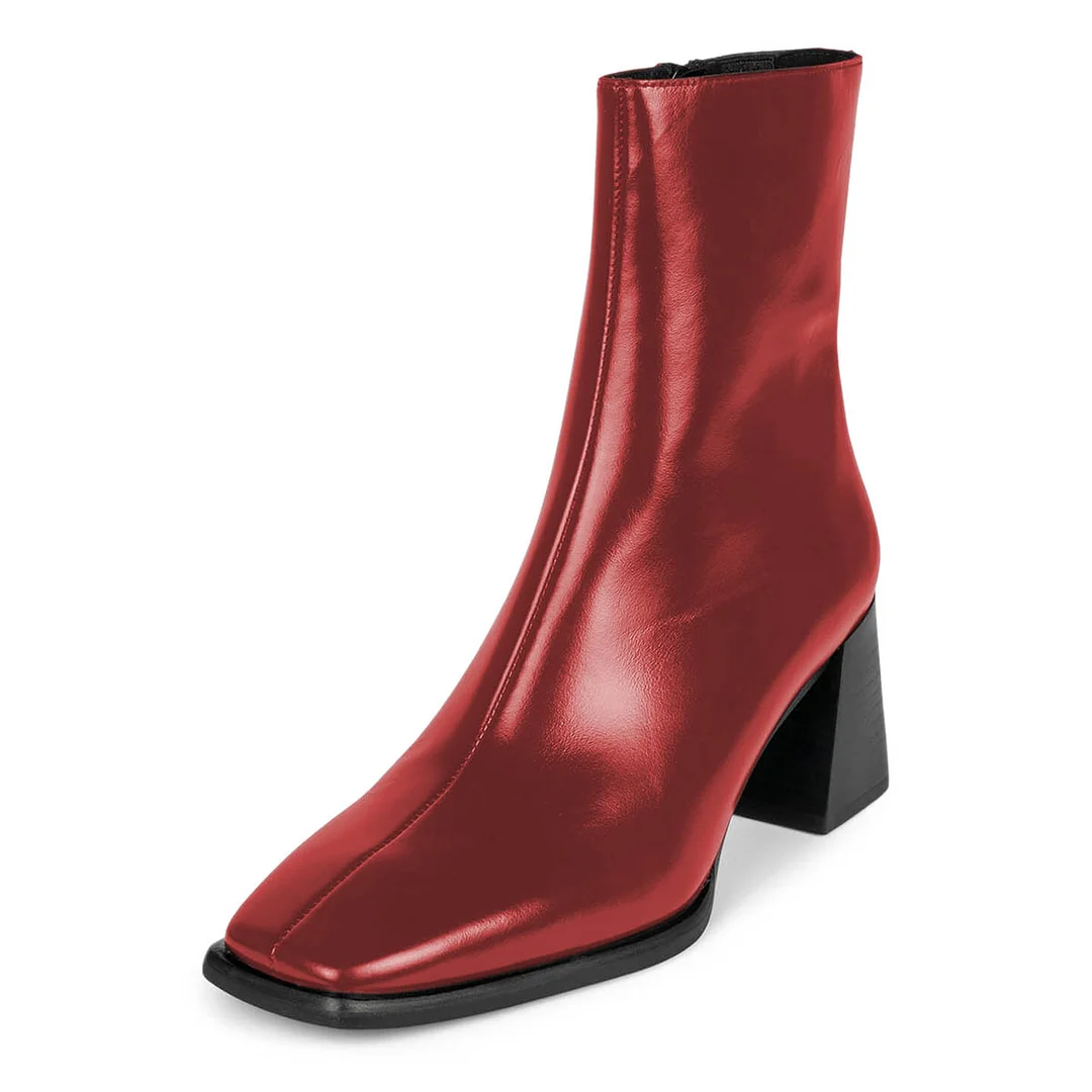 Women's Red Square Toe Chunky Heel Ankle Boots with Side Zipper