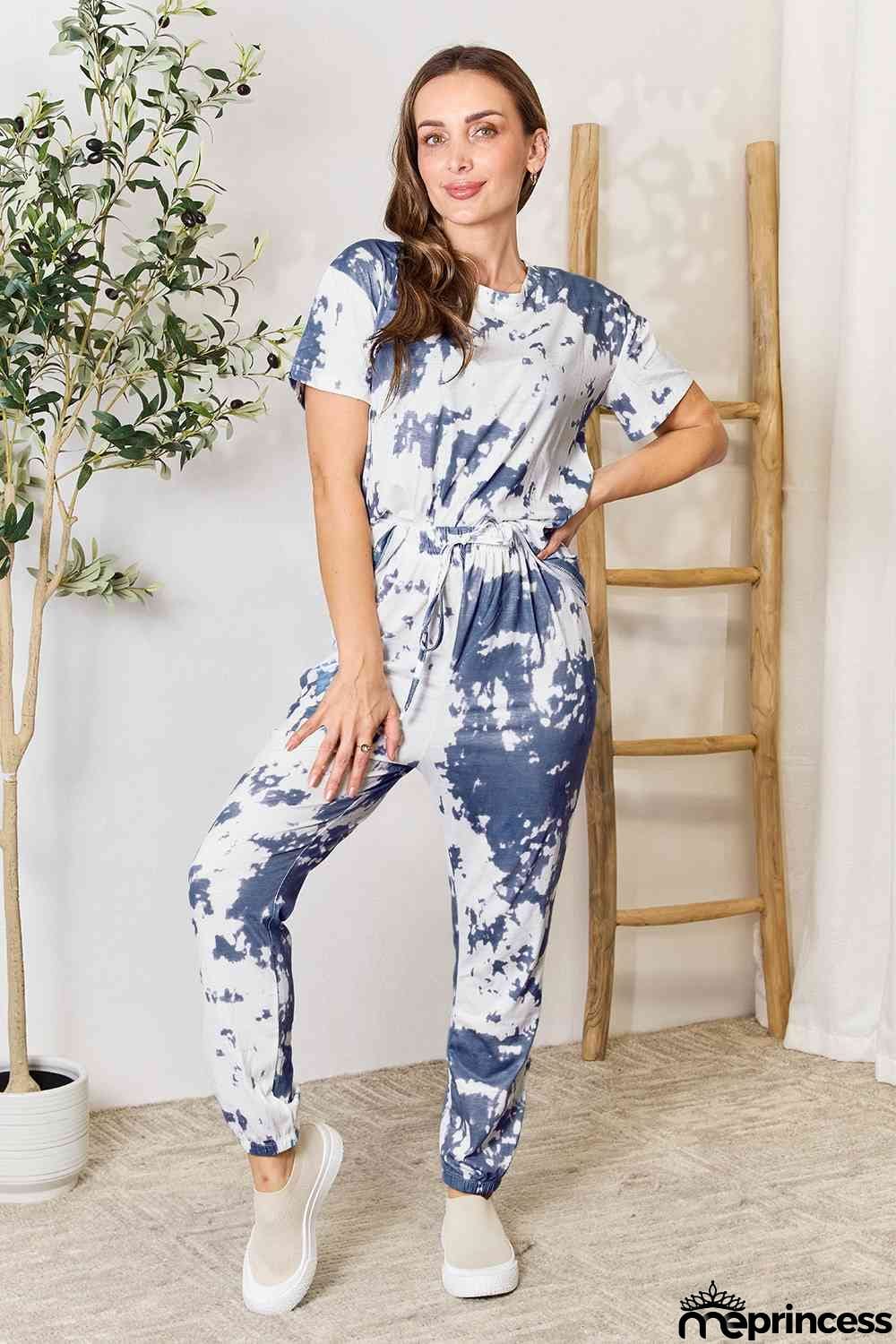 Double Take Tie-Dye Tee and Drawstring Waist Joggers Lounge Set