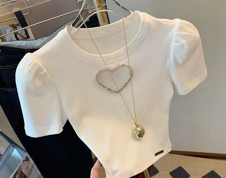 Summer Simple O-Neck Elegant Solid Bubble Sleeve Short T-Shirts