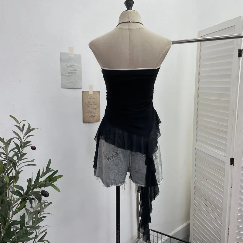 Nigikala Nigikala Shooting Retro Letter Print Bump Color Palette Vest Body Splicing Mesh Yarn With Hottie Top 8089