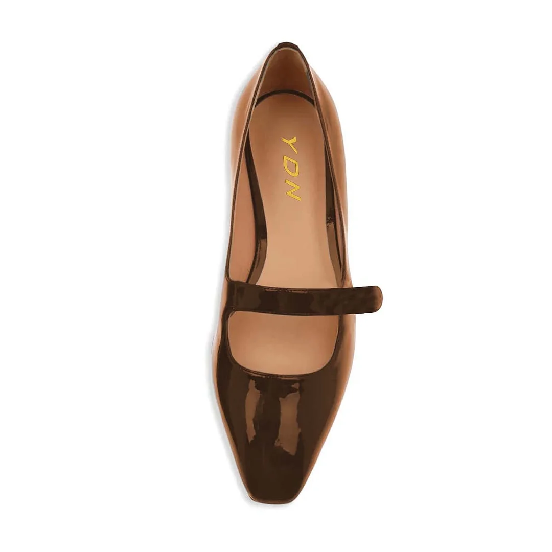 Casual Brown Patent Leather Square Toe Flats with Vamp Strap