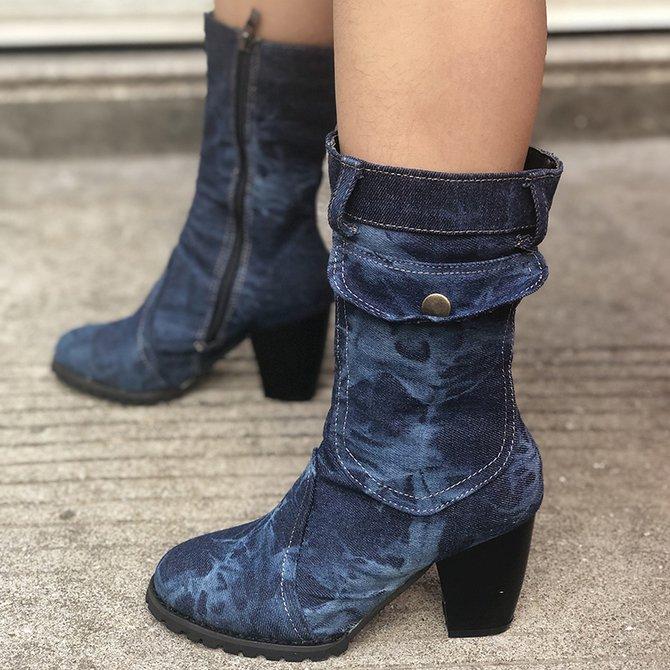 chunky heel denim boots
