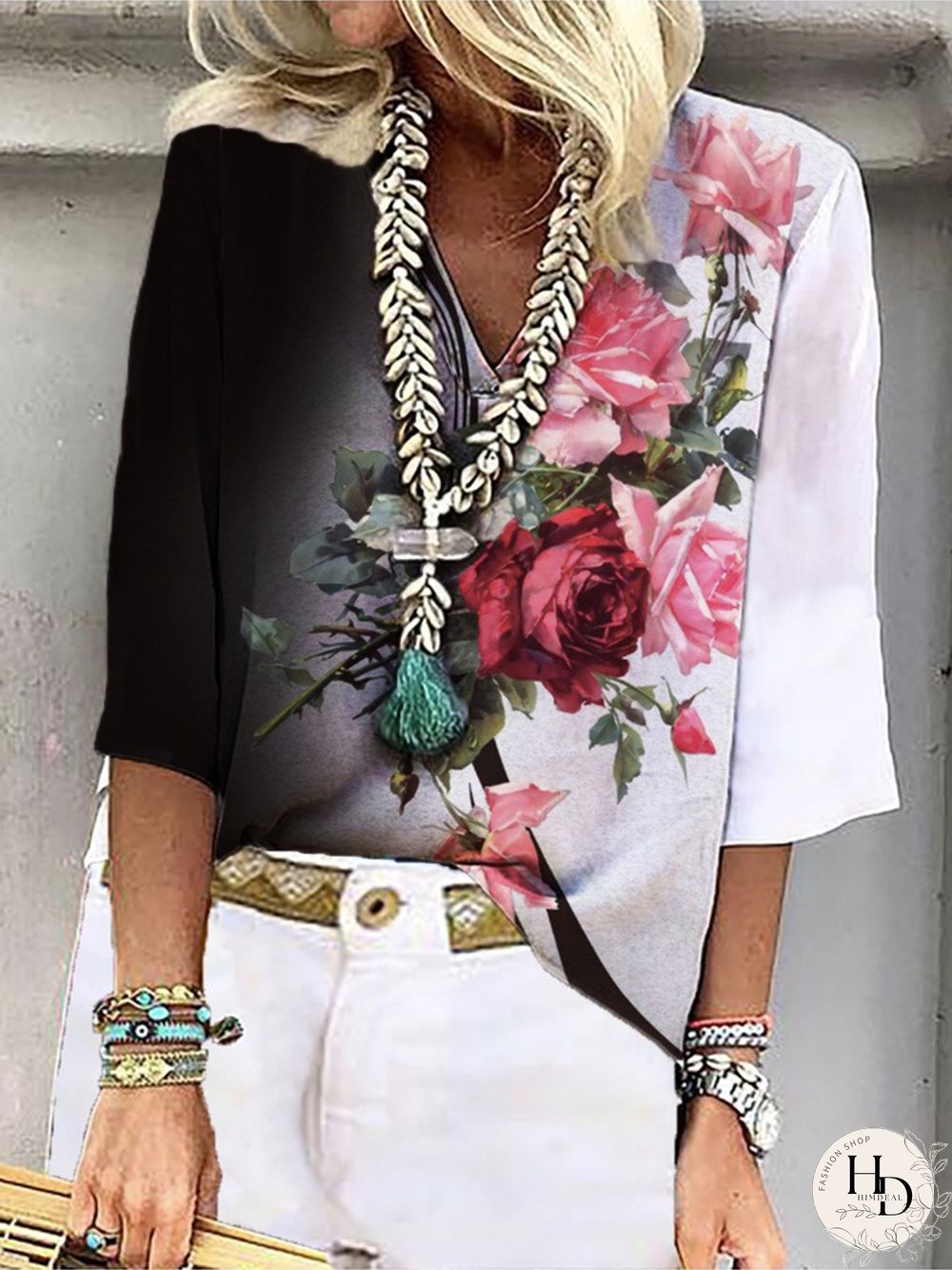 Color-block Rose 3/4 Sleeve V Neck Plus Size Casual Tops