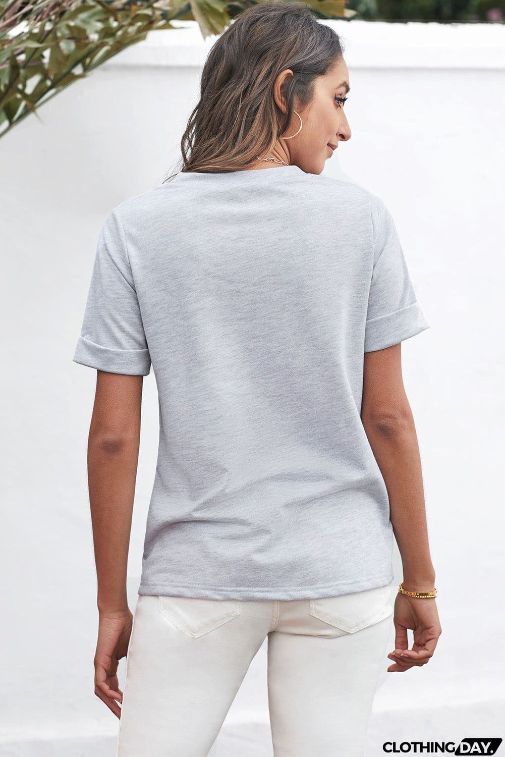 Cute Women Crew Neck Rolled Sleeve Letter Print Tee