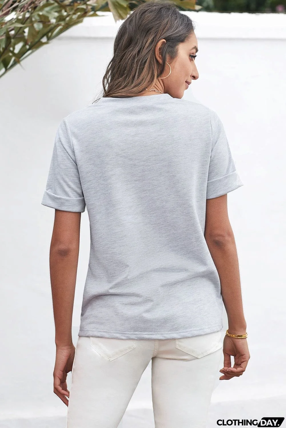 Cute Women Crew Neck Rolled Sleeve Letter Print Tee